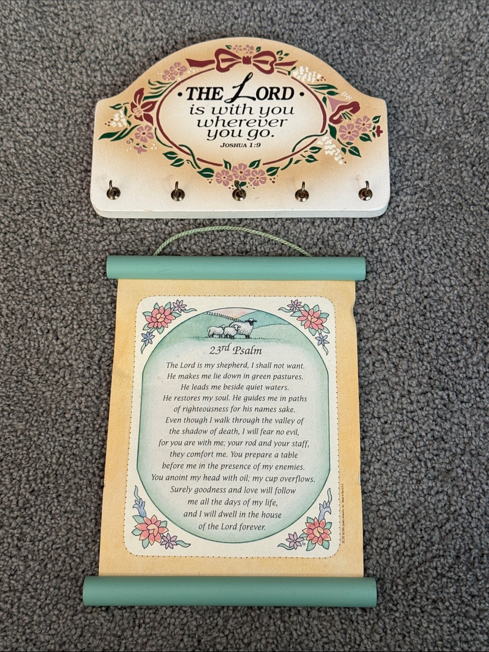 Faith Based Wall Plaque Key Hanger and Scroll Set in Cream and Teal. Wall Art.